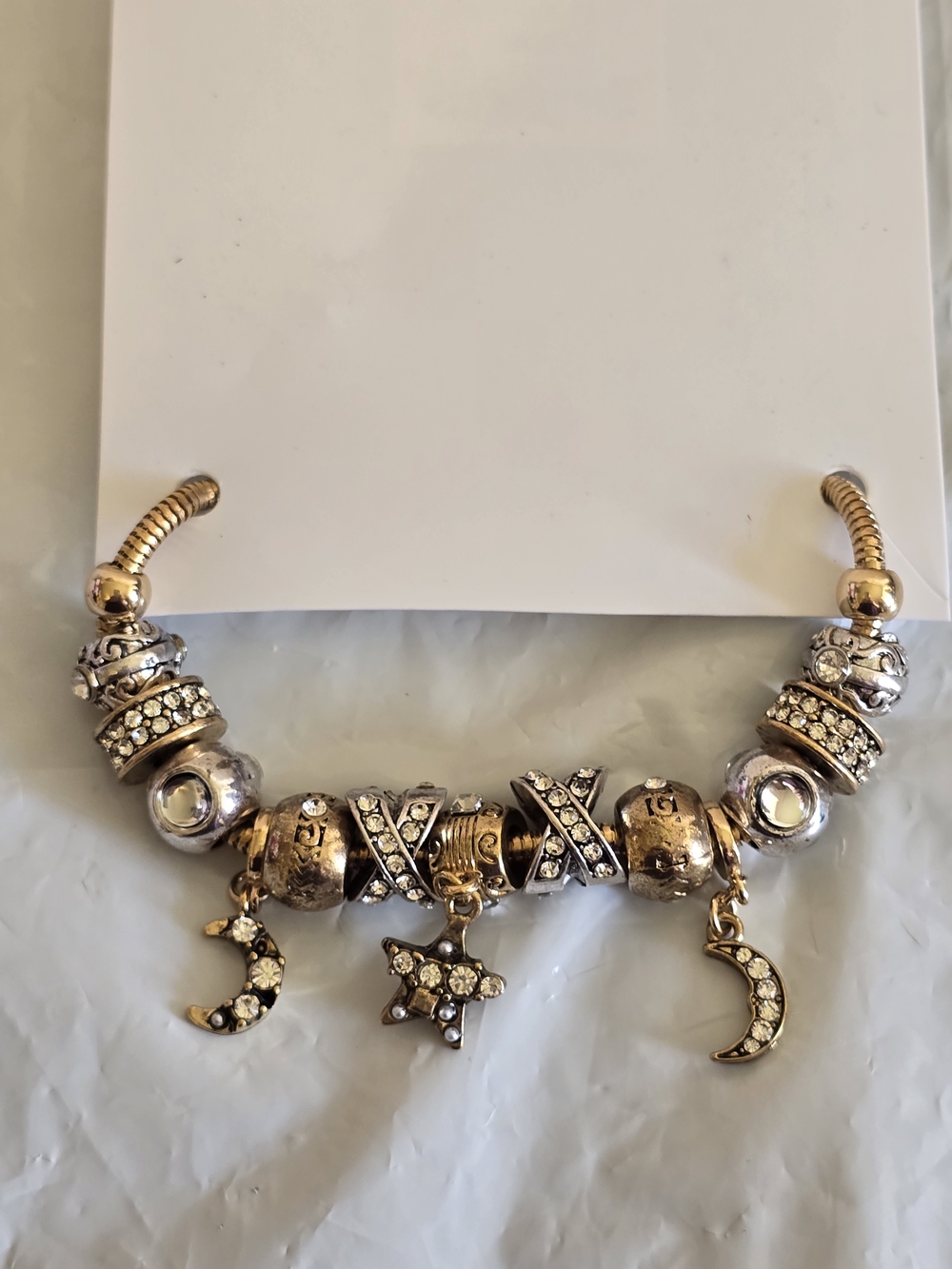 Gold Silver -Tone Moon & Star Charm Bracelet with Crystal Accents New